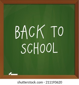 Vector thematic illustration. Realistic chalkboard with back to school type. Solid but playfully back to school template.