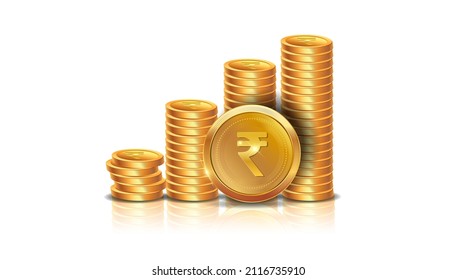 vector theme of Indian rupee golden coins money wealth stacked growth digital currency. Isolated on white background