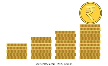 Vektorthema der indischen Rupie Goldmünzen Geld Reichtum gestapelt Wachstum digitale Währung. Einzeln auf weißem Hintergrund