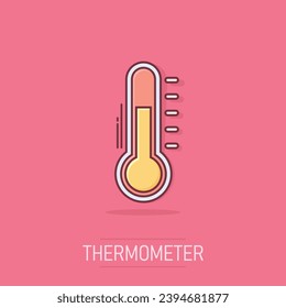 Vector thermometer icon in comic style. Goal sign illustration pictogram. Thermometer business splash effect concept.