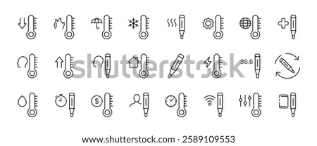 Vector thermometer icons set with weather and health symbols.