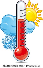 Vector thermometer measuring heat and cold, with sun, cloud and snowflake on a transparent background. 