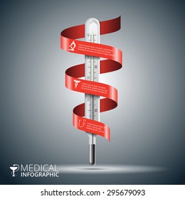 Vector thermometer with red ribbon for infographics. Template for diagram, graph, presentation and chart. Medical healthcare concept with 3 options, parts, steps or processes. Abstract background