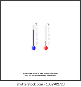Vector thermometer shows cold and heat in Celsius and Fahrenheit. Meteorological thermometer red and blue colors  on white isolated background. Layers grouped for easy editing illustration. 