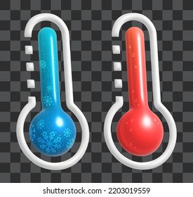 Vector thermometers 3D icons set. Cold covered with snowflakes, and Hot covered with water drops. Realistic glass icons Eps10 vector