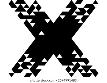 Vektor dicker Buchstabe X, schwarz auf weißem Hintergrund. Gestreiftes Design-Element aus Dreiecken. Zeiger, Richtung. Sport, Vektorhintergrund. Glatter Übergang entlang der Kanten