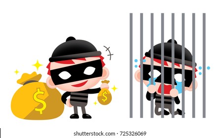 Vector thief, robber character waring mask, holding a bag of money and crying in jail isolated on white background.
