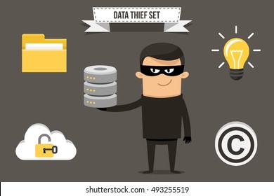 Vector thief with stolen data icons: folder, cloud storage, database, idea and copyright symbol. Each object can be placed in character's hand. Flat style.