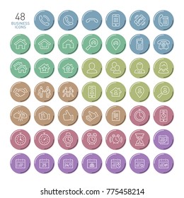 Vector thin business icons in color round button. Big set office symbols with call, home, user, fist bump, clock and calendar.
