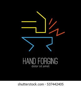 Vector thin flat linear icon in modern style on a theme of hand forging on black background. It can be used as logo for smithy, metallurgical factory or other. 
