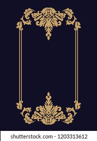 Vector thin gold beautiful decorative vintage frame for your design. Making menus, certificates, salons and boutiques. Gold frame on a dark background. Space for your text. Vector illustration.