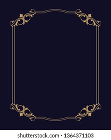 Vector thin gold beautiful decorative vintage frame for your design. Making menus, certificates, salons and boutiques. Gold frame on a dark background. Space for your text. Vector illustration.