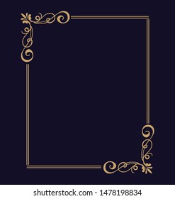 Vector thin gold beautiful decorative vintage frame for your design. Making menus, certificates, salons and boutiques. Gold frame on a dark background. Space for your text.