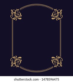 Vector thin gold beautiful decorative vintage frame for your design. Making menus, certificates, salons and boutiques. Gold frame on a dark background. Space for your text.