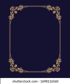Vector thin gold beautiful decorative vintage frame for your design. Making menus, certificates, salons and boutiques. Gold frame on a dark background. Space for your text.