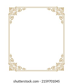Vector thin gold beautiful decorative vintage frame for your design. Making menus, certificates, salons and boutiques. Gold frame on a dark background. Space for your text. Vector illustration.