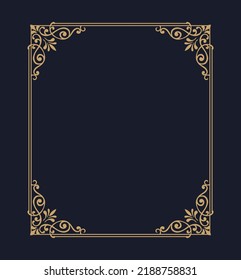 Vector thin gold beautiful decorative vintage frame for your design. Making menus, certificates, salons and boutiques. Gold frame on a dark background. Space for your text. Vector illustration.