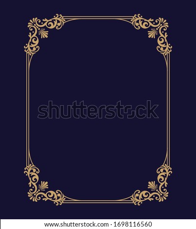 Vector thin gold beautiful decorative vintage frame for your design. Making menus, certificates, salons and boutiques. Gold frame on a dark background. Space for your text.