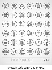 Vector thin icons design set. Moder simple line icons. Ultra thin buildings icons on white background. Volume 13