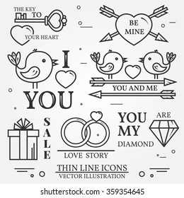 Vector thin line badge, label set for Saint Valentine's day and love theme. For web design and application interface, also useful for infographics.  Modern minimalistic flat design. Vector dark grey.