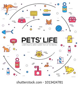 Vector thin line breed cats icons set. Cute outline animal illustrations pet design. Collection different kitten layout flat cover 