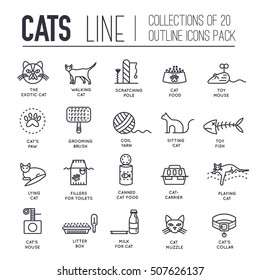 Vector thin line breed cats icons set. Cute outline animal illustrations pet design. Collection different kitten layout flat cover 