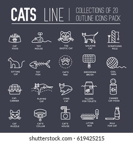 Vector thin line breed cats icons set. Cute outline animal illustrations pet design. Collection different kitten layout flat cover