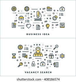 Vector Thin Line Business Idea and Vacancy Search Concepts. Vector Illustration for Website Banner or Header. Flat Line Icons and Design Elements