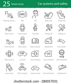 Vector thin line car interface and electronic safety systems icons	