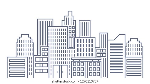 Vector thin line city landscape. Panorama urban modern city with high skyscrapers.