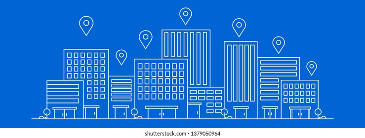Vector thin line city landscape. Position or location building with pin