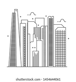 Vector thin line city landscape. Panorama urban modern city landscape with high skyscrapers.