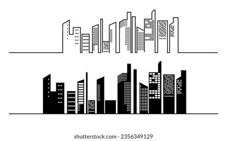 Vector thin line city landscape and silhouette. Panorama urban modern city landscape with high skyscrapers
