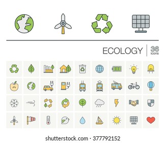 Vector thin line color icons set and graphic design elements. Illustration with ecology outline symbols. Eco, bio, environmental, wind power, recycle linear pictogram