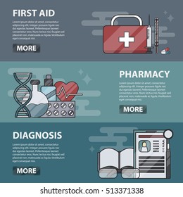 Vector thin line design horizontal banners of first aid, pharmacy and diagnosis for websites. Business concept of medical science, doctor profession, treatment and healthcare. Set of medicine icons.