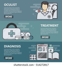 Vector thin line design horizontal banners of oculist, treatment and diagnosis. Business concept of eye care, ophthalmology, medicine, healthcare and optical profession. Set of medical equipment.