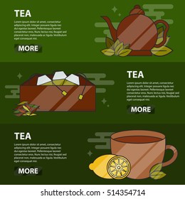 Vector thin line design horizontal banners of tea for website. Business concept of tea ceremony. Posters for drink menu.