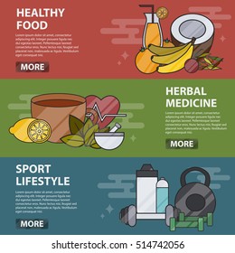Vector thin line design horizontal banners of healthy food, herbal medicine and sport lifestyle. Business concept of alternative medicine and healthcare, naturopathy, homeopathy, bio and eco food.