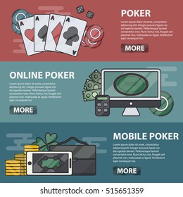 Vector thin line design horizontal banners of online and mobile poker. Business concept of casino, gambling and money game. Set of poker elements.