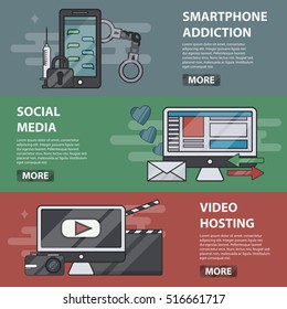 Vector thin line design horizontal banners of smartphone addiction, social media and video hosting. Business concept of lifestyle, social and internet communication, gadget addiction and messaging.