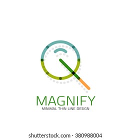 Vector thin line design logo magnifying glass, search and find or zoom logotype concept. Linear minimalistic business icon