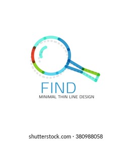 Vector thin line design logo magnifying glass, search and find or zoom logotype concept. Linear minimalistic business icon