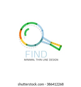 Vector thin line design logo magnifying glass, search and find or zoom logotype concept. Linear minimalistic business icon