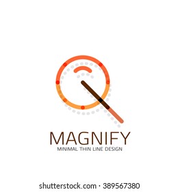 Vector thin line design logo magnifying glass, search and find or zoom logotype concept. Linear minimalistic business icon made of multicolored segments