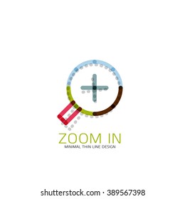 Vektor dünne Linie Design Logo Lupe, Suche und Suche nach oder Zoom Logotype Konzept. Lineares minimalistisches Geschäftssymbol aus mehrfarbigen Segmenten