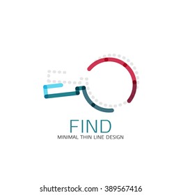 Vector thin line design logo magnifying glass, search and find or zoom logotype concept. Linear minimalistic business icon made of multicolored segments