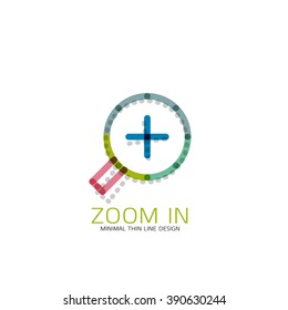 Vector thin line design logo magnifying glass, search and find or zoom logotype concept. Linear minimalistic business icon made of multicolored segments