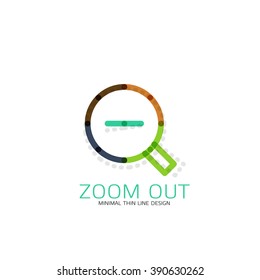 Vector thin line design logo magnifying glass, search and find or zoom logotype concept. Linear minimalistic business icon made of multicolored segments