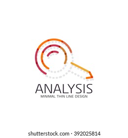 Vektor dünne Linie Design Logo Lupe, Suche und Suche nach oder Zoom Logotype Konzept. Lineares minimalistisches Geschäftssymbol aus mehrfarbigen Segmenten