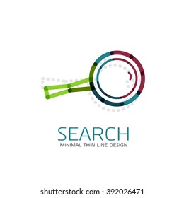 Vector thin line design logo magnifying glass, search and find or zoom logotype concept. Linear minimalistic business icon made of multicolored segments